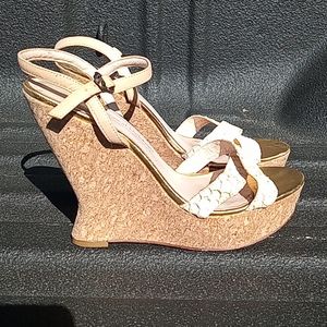 House of Harlow snakeskin print nude, cork wedges.
